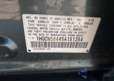 2005 Honda Accord Lx from USA, damaged, VIN 1HGCM56445A151354